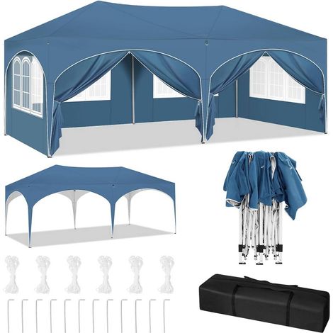 ELVMI Gazebo da Giardino Pieghevole con 6 Pareti Rimovibili, Tetto Oxford Antipioggia, Metallo Blu, 3 x 6 m (1/5)