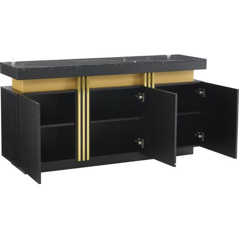 Buffet moderne noir et or 140x38x70 cm avec 3 portes et étagères réglables pour salon, cuisine ou bureau (1/5)