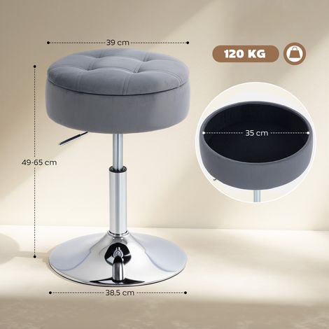 Tabouret de bar, tabouret de bistrot avec rangement, chaise de bar pivotante, tabouret de cuisine réglable en hauteur avec revêtement en velours, 39 x 39 x 65 cm, gris (1/5)