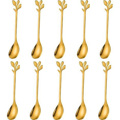 Cuillères à café élégantes en feuille d'or – Lot de 10, mini cuillères à expresso et à dessert en acier inoxydable de 12 cm