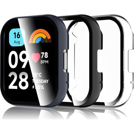 3PCS Coque Compatible avec Xiaomi Redmi Watch 3 Active, Coque Rigide en PC avec Protecteur d'écran, Coque HD avec Verre Trempé - Transparent, Noir, Bleu (1/5)