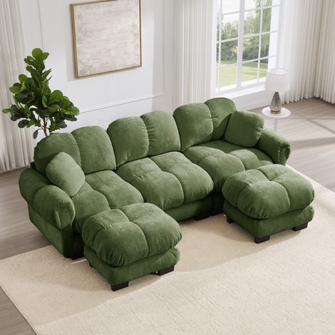 Divano angolare a U 3 posti in ciniglia verde, con ottomana mobile e 2 cuscini, 260 x 149 x 90 cm (1/5)