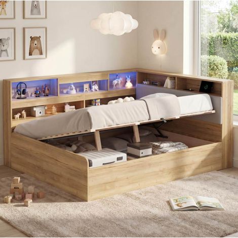 Bett Daybed modern MDF Natur 140x200 cm mit Kopfteil, hydraulischem Stauraum, LED und USB-Steckdose