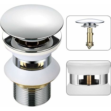 Ulisem Universal-Abfluss für Spülbecken, Push-to-Open, Click-Clack, mit automatischem Überlauf, 1-1/4 Zoll verchromtes Messing (1/4)