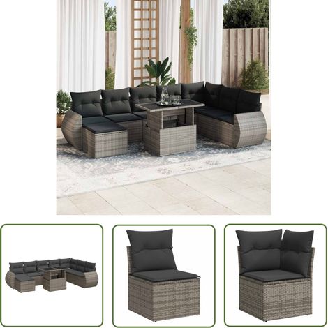 vidaXL Salon de jardin 9 pcs avec coussins gris résine tressée (1/5)