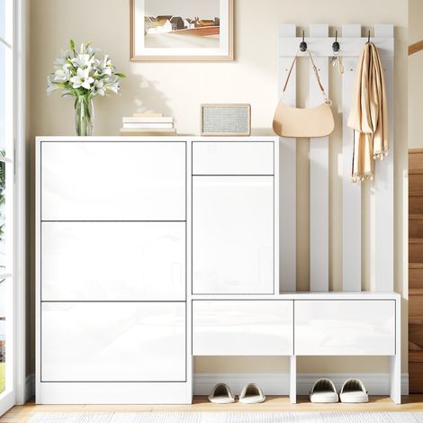 Meuble d'entrée 7 en 1 avec banc et porte-manteaux – 3 compartiments rabattables pour chaussures – Tiroirs et rangement intégré – Ouverture par pression – 160×35×160 cm (1/5)