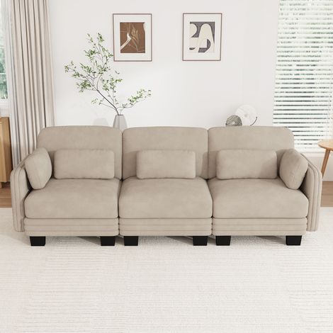 Canapé droit 3 places modulable en chenille, canapé confortable avec structure en bois massif et coussins lombaires, pour salon et appartement, beige (1/5)