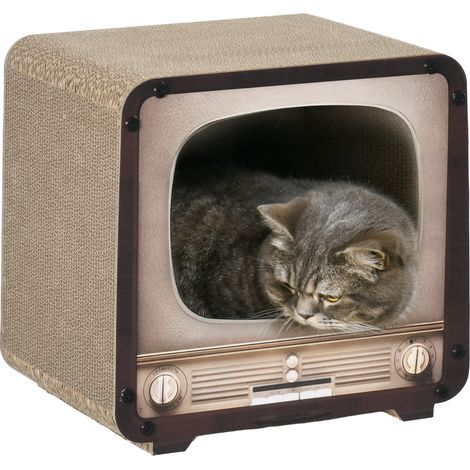 2 in 1 TV Shape Cat Scratching Board House with Catnip, for Indoor Cats, Brown