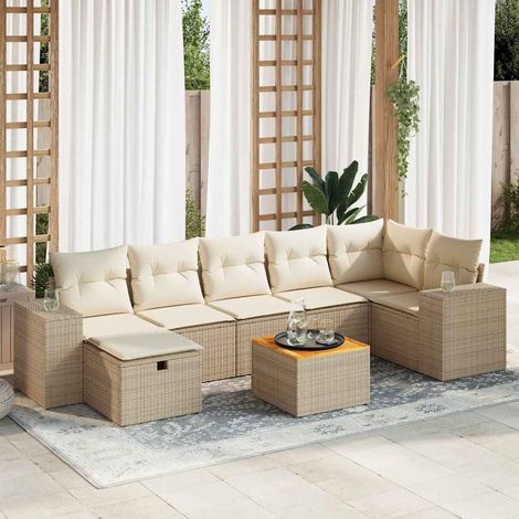 Ensemble Salon Jardin 8 Places Résine Tressée Beige avec Coussins - Canapé, Table et Pouf Modulables (1/5)