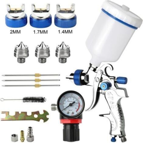 Pistolet de peinture professionnel à gravité 600 ml avec 3 buses interchangeables (1,4 / 1,7 / 2,0 mm) et régulateur d’air intégré (1/4)