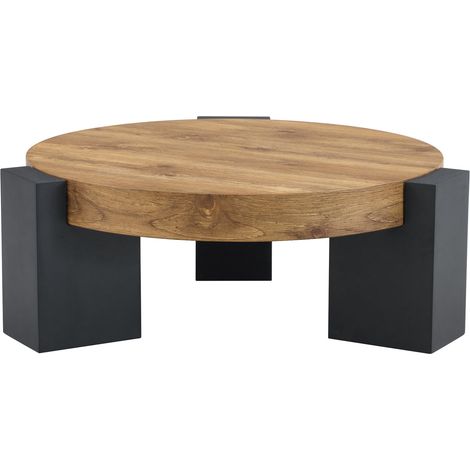 Mesa de centro redonda de dos niveles HOMVRA con cristal marrón transparente y MDF negro (1/5)