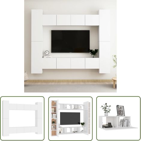 The Living Store 8-tlg. TV-Schrank-Set Weiß Holzwerkstoff - TV Schrank - Wandmontage - Wohnzimmerschrank - Regal - Weißes Möbelstück (1/5)