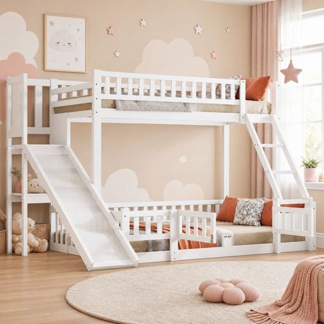 Letto a castello bimbi 140x200 cm legno bianco con contenitore, senza materasso FloraGrace (1/5)