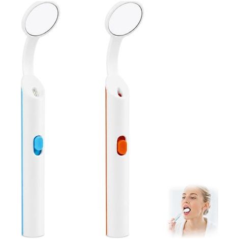 Miroir Dentaire avec lumière LED, Lot de 2 miroirs Anti-buée avec Angle courbé et poignée Ergonomique, Accessoires pour Soin Dentaire, Inspection buccale, Bleu &Orange, Utilisation Pratique (1/5)