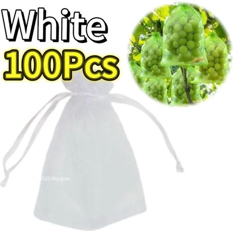 (Blanc - 100 pièces, 20 x 30 cm) Sacs de protection pour fruits avec cordon de serrage, réutilisables, en filet anti-insectes, pour arbres fruitiers et plantes - Fournitures de jardinage (1/4)