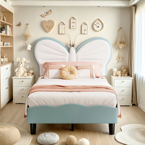 Lit Fille Rembourré 90 x 200 cm, Lit 1 Places, Lit Princesse avec Éclairage LED de Lecture, Tête de Lit Papillon Réglable, Velours Blanc & Bleu (1/5)
