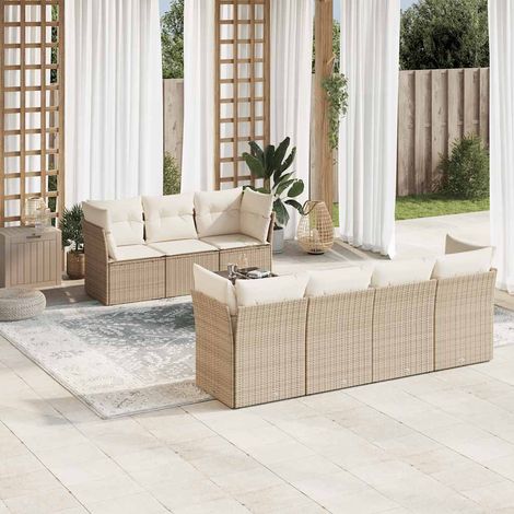 Ensemble Salon Jardin 8 Places Résine Tressée Beige avec Table Verre Trempé et Coussins Détachables - Mobilier Extérieur Modulaire (1/4)