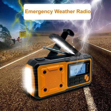 Radio meteorológica de emergencia Crezuo para exteriores con energía solar y manivela, con FM, AM y WB digitales, linterna, luz de lectura, alarma SOS, batería de 4000 mAh y conector para auriculares 