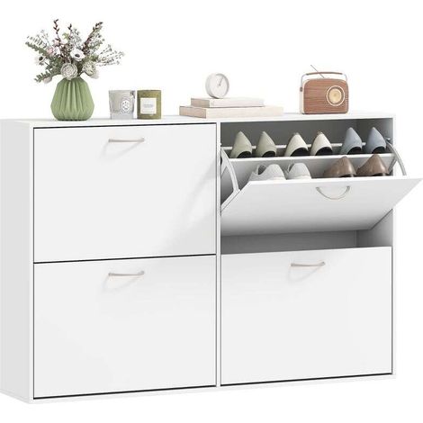 Armoire à Chaussures Meuble à Chaussures Grande Taille dim. 120L x 24l x 81H cm 4 Portes abattantes Double Niveau en Bois Blanc (1/5)