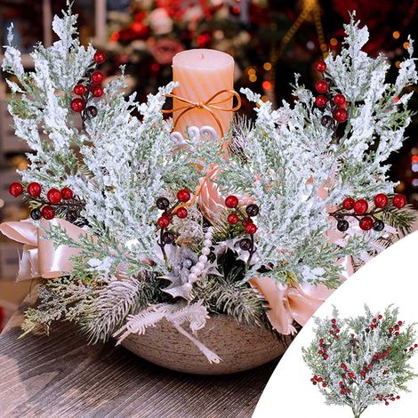 Rameaux Artificiels De Houx - Baies Rouges Givrées - 49 Cm - Pour Décoration De Noël Couronnes Guirlandes Et Emballages Cadeaux - Lot De 6 (1/5)