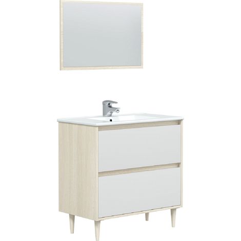 Meuble sous vasque en panneaux de particules mélaminés coloris chêne avec miroir - Longueur 80 x Profondeur 45 x Hauteur 80 cm -PEGANE- (1/5)