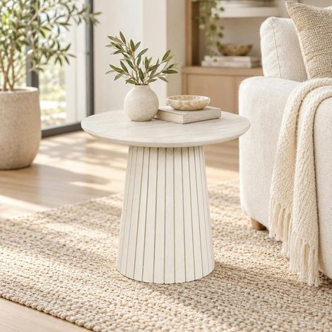 Bout de canapé beige en bois à pied rainuré CALERO (1/4)