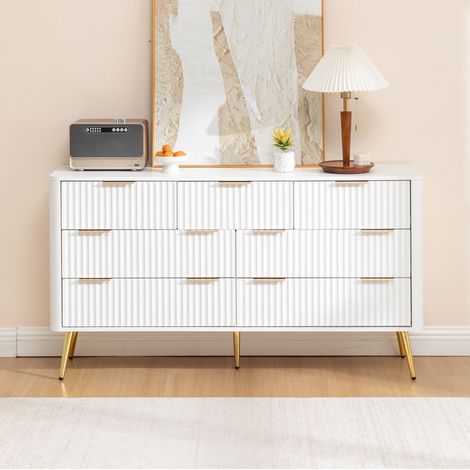 Commode 7 tiroirs blanche en MDF avec poignées métalliques et fermeture douce (1/5)