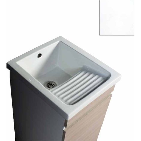 Mobile Lavatoio in Ceramica 1 Anta e Strofinatoio Integrato 45x50x86A cm Bianco Opaco (1/4)