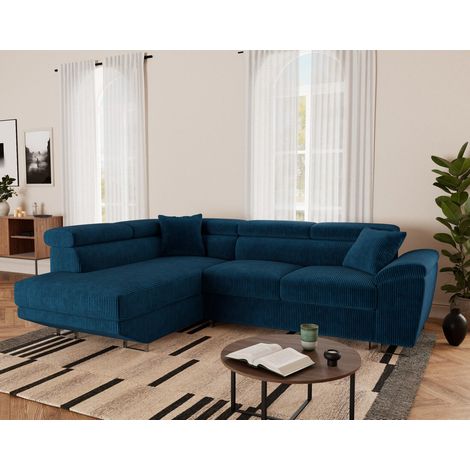 Bestmobilier – Canapé d'angle gauche 5 places convertible avec coffre et têtières ajustables – Velours côtelé bleu – Dimensions 261x196cm