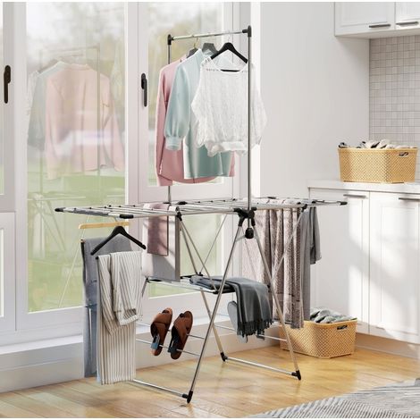 Étendoir à linge pliable 156.5x68x192 cm argent en acier inoxydable avec ailes réglables (1/3)