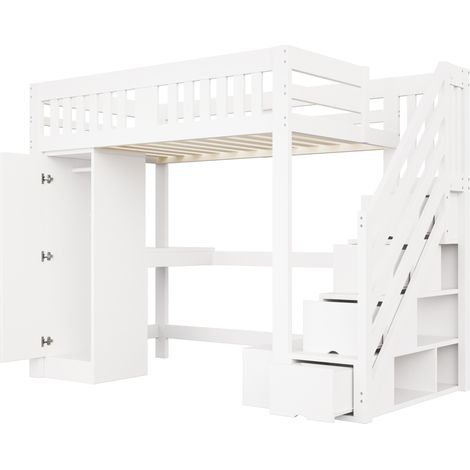 Cama alta 140 x 200 cm con escritorio, almacenaje, armario, banco y LED, blanca (1/5)