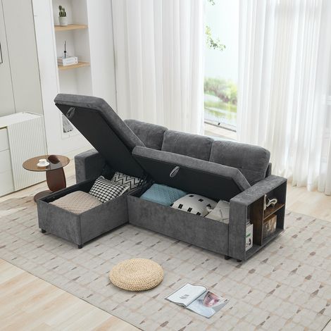 Canapé d'angle avec espace de rangement, canapé 3 places, canapé-lit en L pour salon, rangement latéral, charge 120 kg, 202x136x85cm, gris