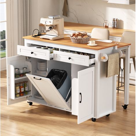 Isola da cucina su rotelle con piano estensibile, presa integrata, bianco, MDF, FloraGrace (1/5)