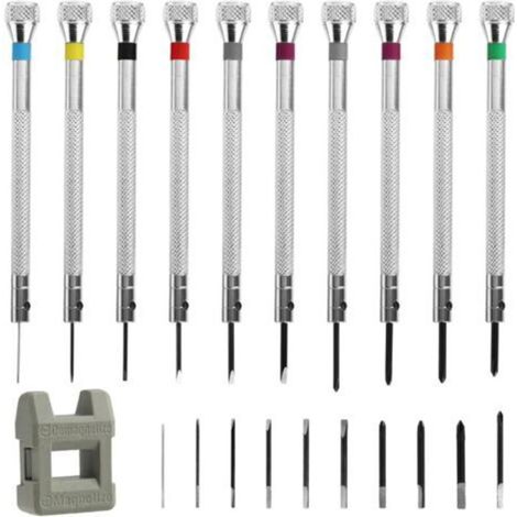 Set mit 21 Präzisionsschraubendrehern für Uhren (0,6-1,6 mm), Uhrenreparaturwerkzeuge, Brillen, Uhren und Schmuck (10 Schraubendreher, 10 Bits, 1 Entmagnetisierer)