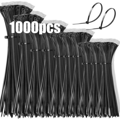1000 colliers de serrage en plastique, plastique professionnel, Rislan 100/150/200/250/300 mm de long, résistants aux UV, pour la gestion de différents câbles, noirs (1/4)