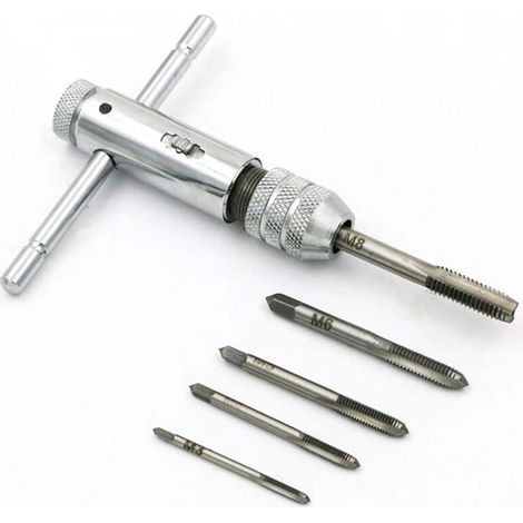 Ratchet Tap Set with Adjustable T-Handle and Metric Steel Taps with 1 Tap Wrench + 5 Taps M3-M8 (3 mm-8 mm) Metric T-Thread (1/5)