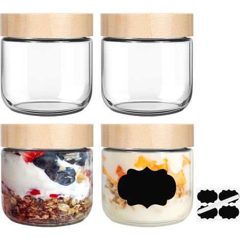 Lot de 4 bocaux en verre de 280 g avec couvercles en bambou pour la préparation des repas, yaourts, salades, puddings, céréales, épices et bien plus encore. (1/5)
