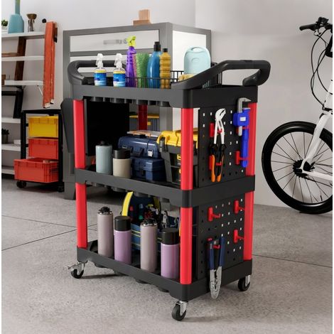 Carrello portautensili a 3 livelli con pannelli forati, ganci e vaschetta, nero e rosso OKMYHOME (1/5)