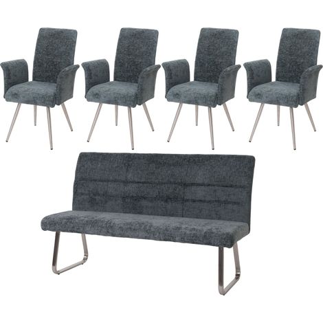 [NEUWERTIG] Esszimmer-Set HHG-221, 4er-Set Stuhl mit Armlehne+Sitzbank 180cm, Edelstahl gebürstet Stoff/Textil Chenille blau-grün