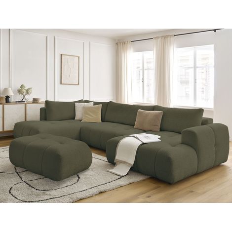 BOBOCHIC - Canapé panoramique convertible FUJI tissu bouclette avec pouf Angle droit Vert (1/5)