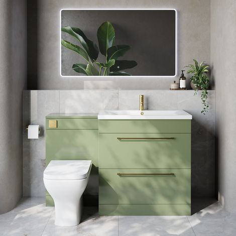 Napoli 460 Olive Green 1300mm 2 Drawer Vanity Unit Toilet Suite with Glide Basin - 1300mm - Brushed Brass 480mm HandleWith Kingston Toilet Pan and Seat