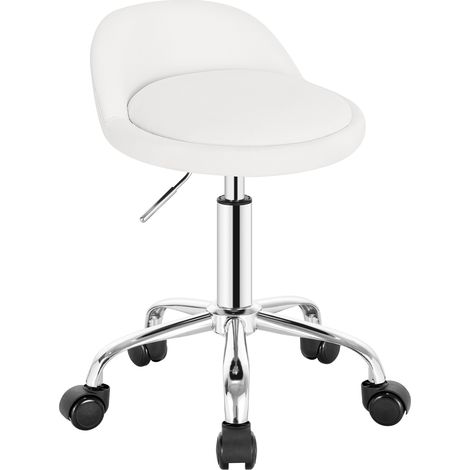 Woltu – Tabouret de bureau rond avec dossier – Hauteur réglable 53-65.5 cm – Similicuir blanc – Roulettes silencieuses 360° – Capacité 120 kg (1/5)