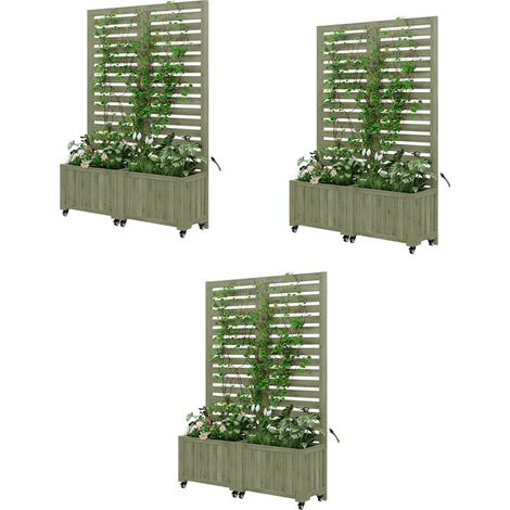 3er-Set Pflanzkübel, Outdoo Pflanzgefäß mit Spalier als Kletterhilfe, Blumenkasten Pflanzkasten,  Geeignet für Garten, Hof und Terrasse, Mit Klapp- und Universalrädern