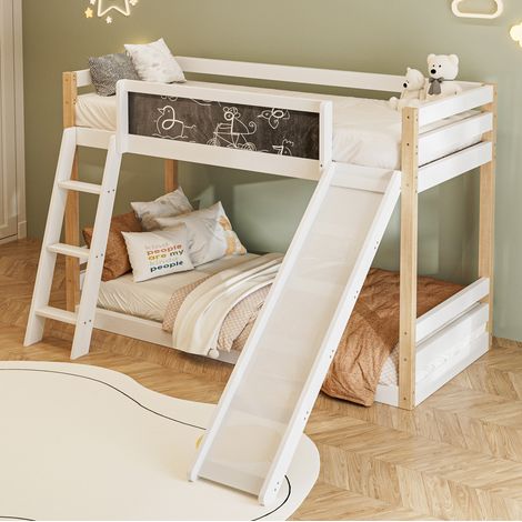 Lit superposé enfant en bois blanc 90x200 cm avec escalier, toboggan et barrières de sécurité (1/5)