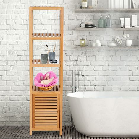 Mobiletto da bagno autoportante, 3 ripiani, stretto e alto, anta a doghe, 36 x 33 x 140 cm
