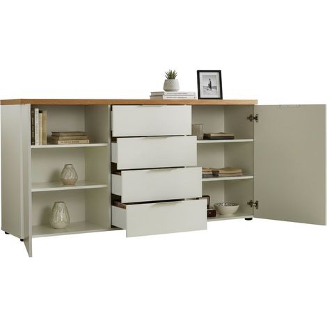 Vitrina Satriano, Alacena 4 Estantes, 4 Cajones Made in Italy, 2 Puertas, 180x43x89h cm Blanco Brillante