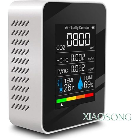 Monitor de calidad del aire 5 en 1, detector de CO2, medidor de TVOC HCHO con sensor de temperatura y humedad, pantalla LED USB recargable - para casa, oficina, gimnasio y coche - KZQ (1/4)
