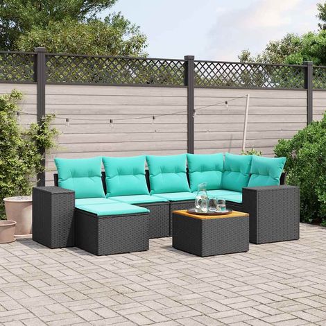 7-teiliges Gartensofa-Set mit Kissen, schwarzes Polyrattan (1/5)