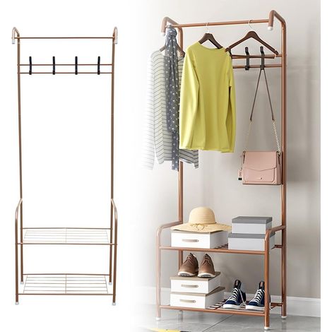 Garderobe, Freistehende Garderobe für das Schlafzimmer, Metallgarderobe mit Haken für Mäntel, Schuhregale, Taschen und Hüte