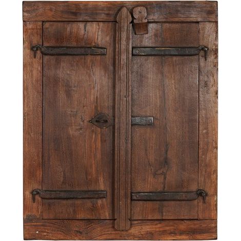 Solid wood and old medieval iron window grille with interior or exterior frame (1/5)